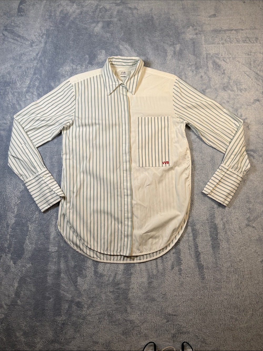 Victoria Beckham Cream and Green Striped Panel Button-Down Shirt